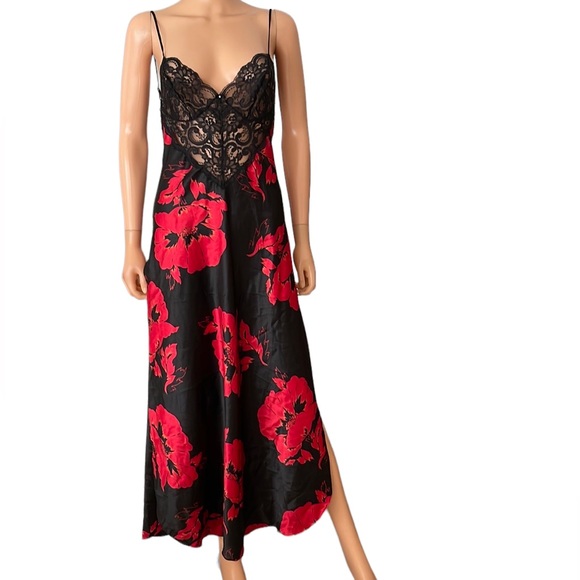 Vintage Shirley of Hollywood Satin Lace Floral Slip Gown Dress